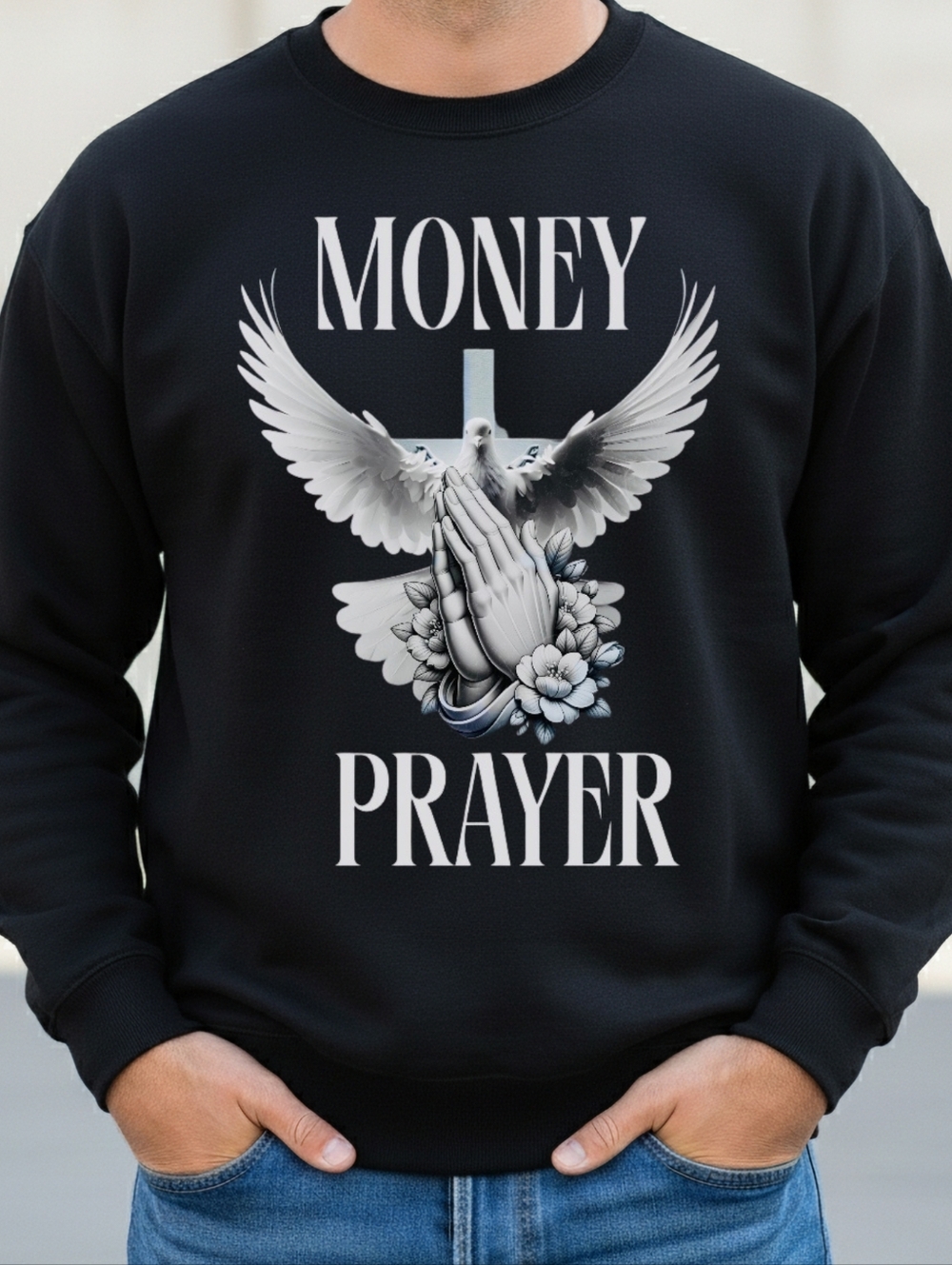 Black 'Money Prayer' Graphic Crewneck Sweater